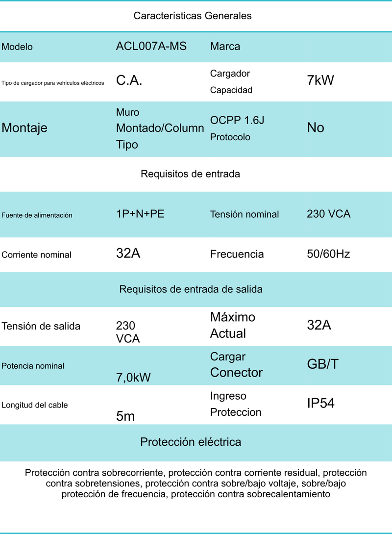 CARGADOR PARA AUTO 7kW ACL007A-MS